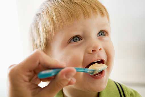 Photo of Mother feeding young boy baby food