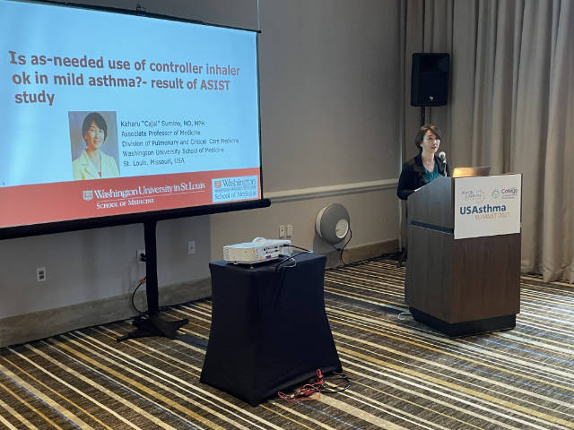 Photo of Dr. Sumino speaking at the 2021 USA Asthma Summit in New Orleans