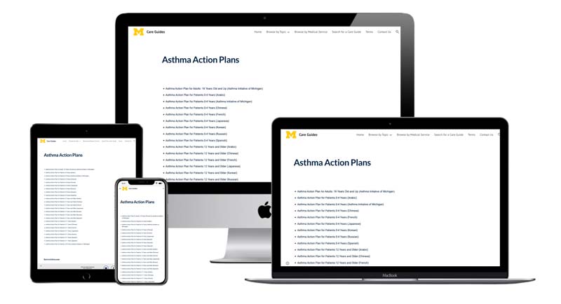 Asthma Action Plan in various languages showing on various sized computer screens.