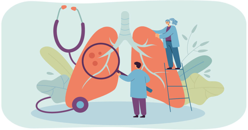 Illustration concept of a pulmonary team working on lungs. The doctors are very small and testing different parts of the lungs.