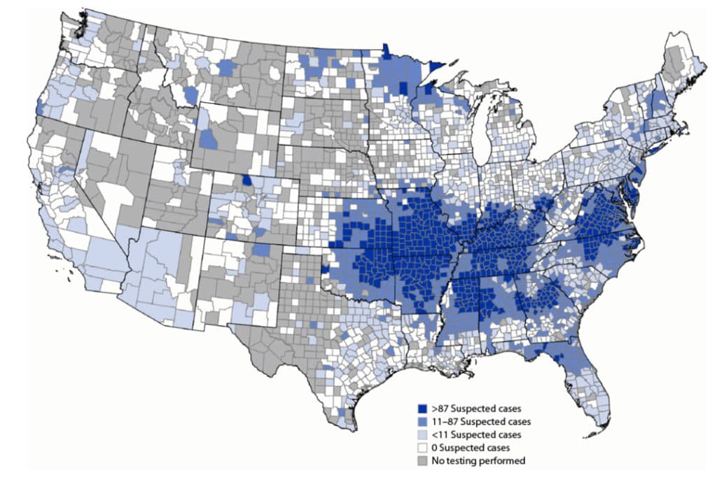 US Map of geographic distribution of Alpha Gal Syndrome from 2017 - 2022