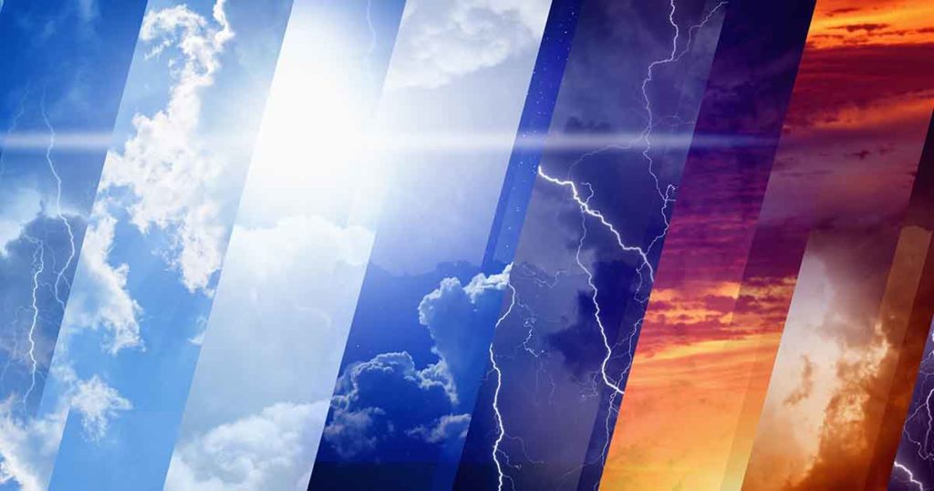 Photo of Weather forecast concept background - variety weather conditions, bright sun and blue sky; dark stormy sky with lightnings; sunset and night