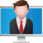 Webinar icon: Man with jacket and tie is looking like a presenter on a computer screen. He is partly over the top of the screen to give the appearance of being live.