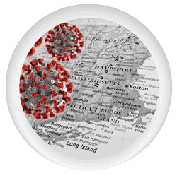 Image of a map with a graphic of corona virus over the map.