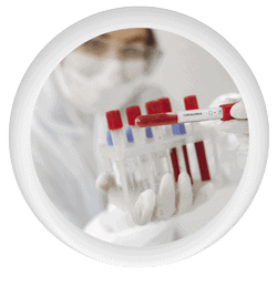 Photo icon of covid-19 researcher showing blood samples.